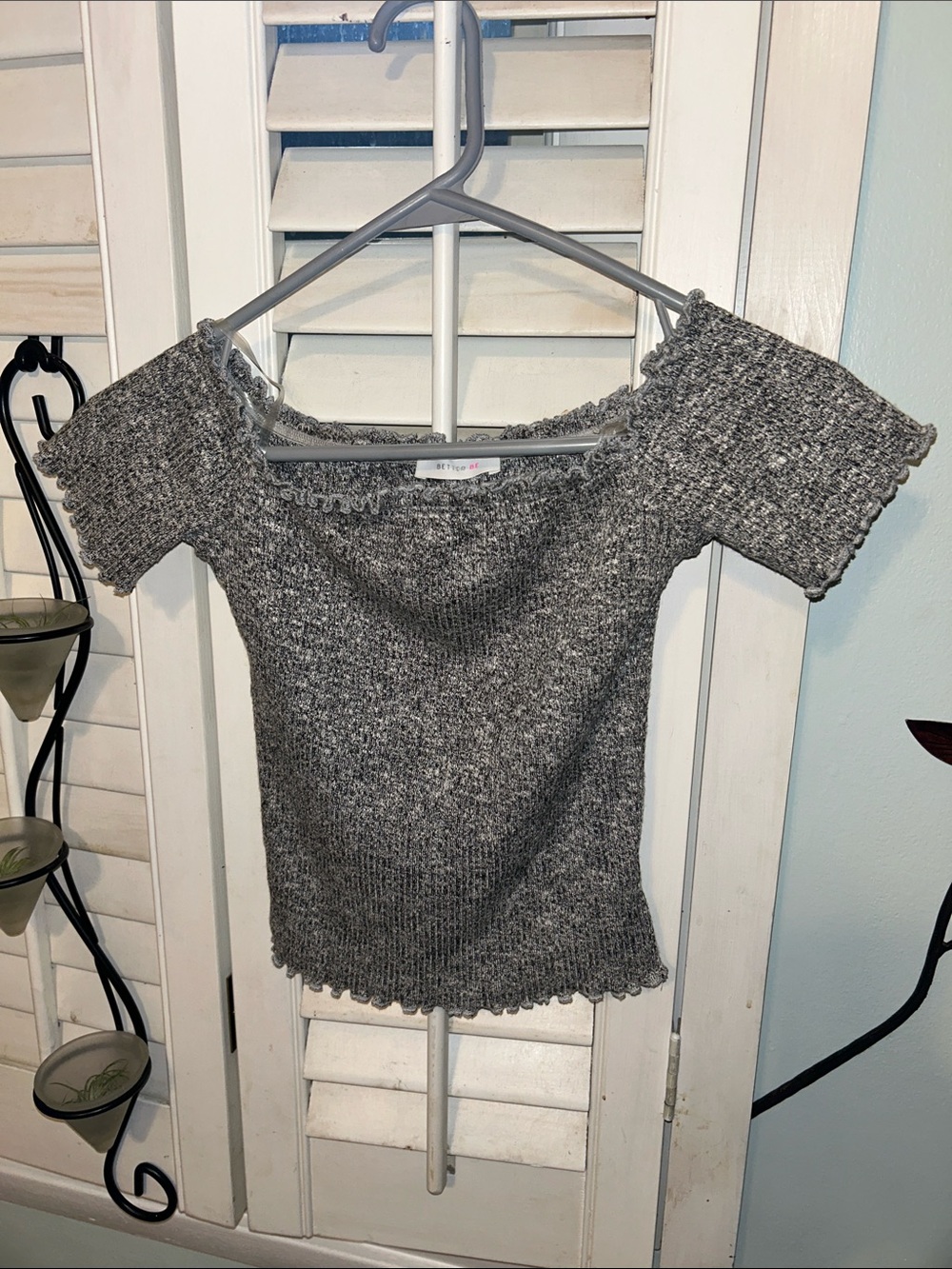 Better Be Gray Ribbed Off-Shoulder Short Sleeve Knit Top